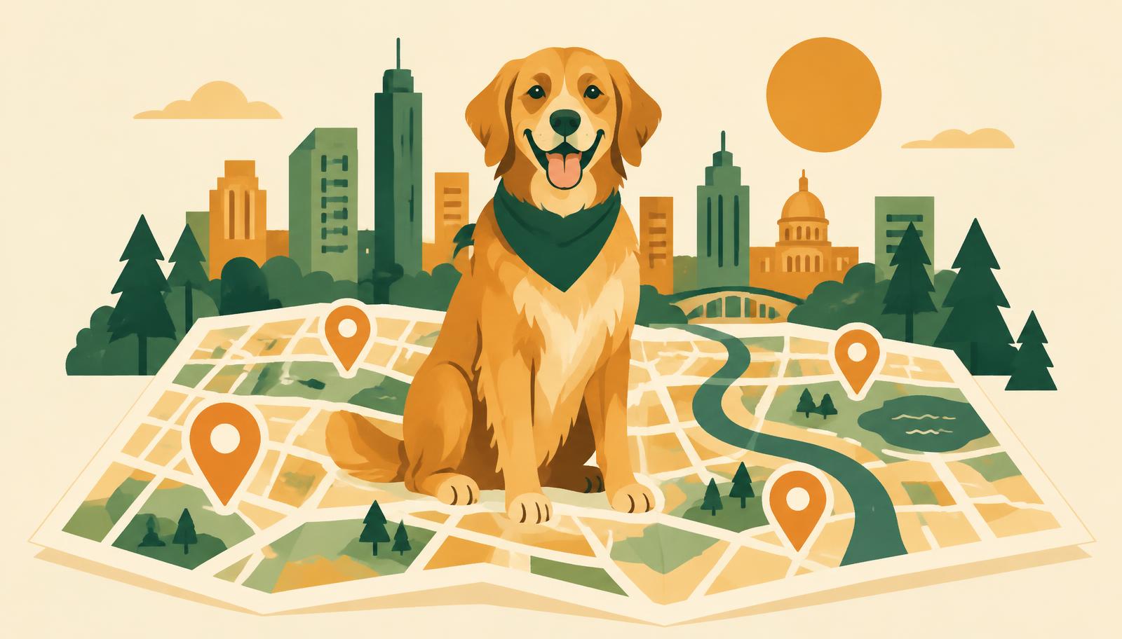 Illustration eines Hundes auf einer Stadtkarte mit Markierungen